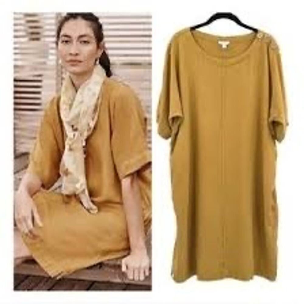 Pure Jill Mustard Lyocell Button Shoulder Shift Dress L Lagenlook
